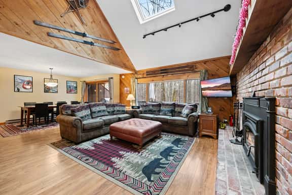 Rustic great room with skylight, wood stove, and forest-view windows.